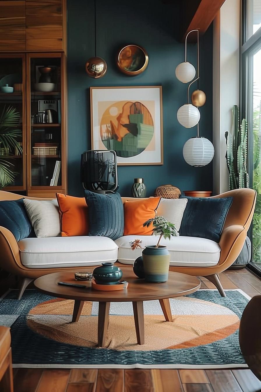 18 Colorful Mid Century Modern Living Room Designs 22 7. Vibrant Duo-Toned Furniture Selection