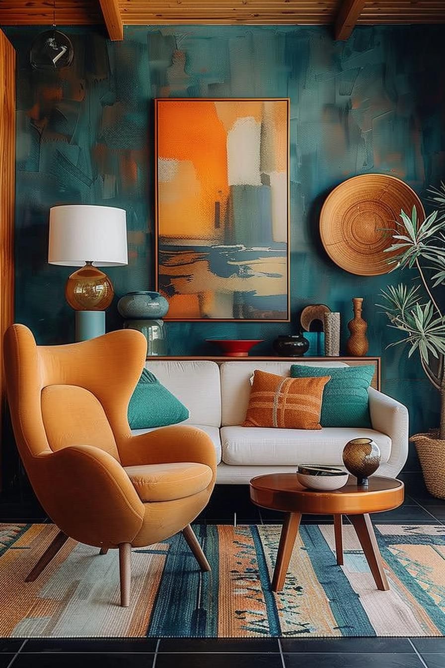 18 Colorful Mid Century Modern Living Room Designs 23 7. Vibrant Duo-Toned Furniture Selection
