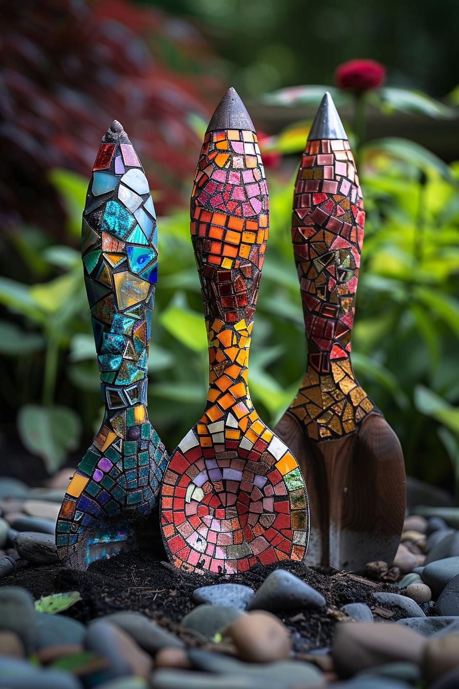 33 Creative DIY Yard Art Ideas You’ll Love To Craft 79 33. Mosaic Garden Tool Decor-0