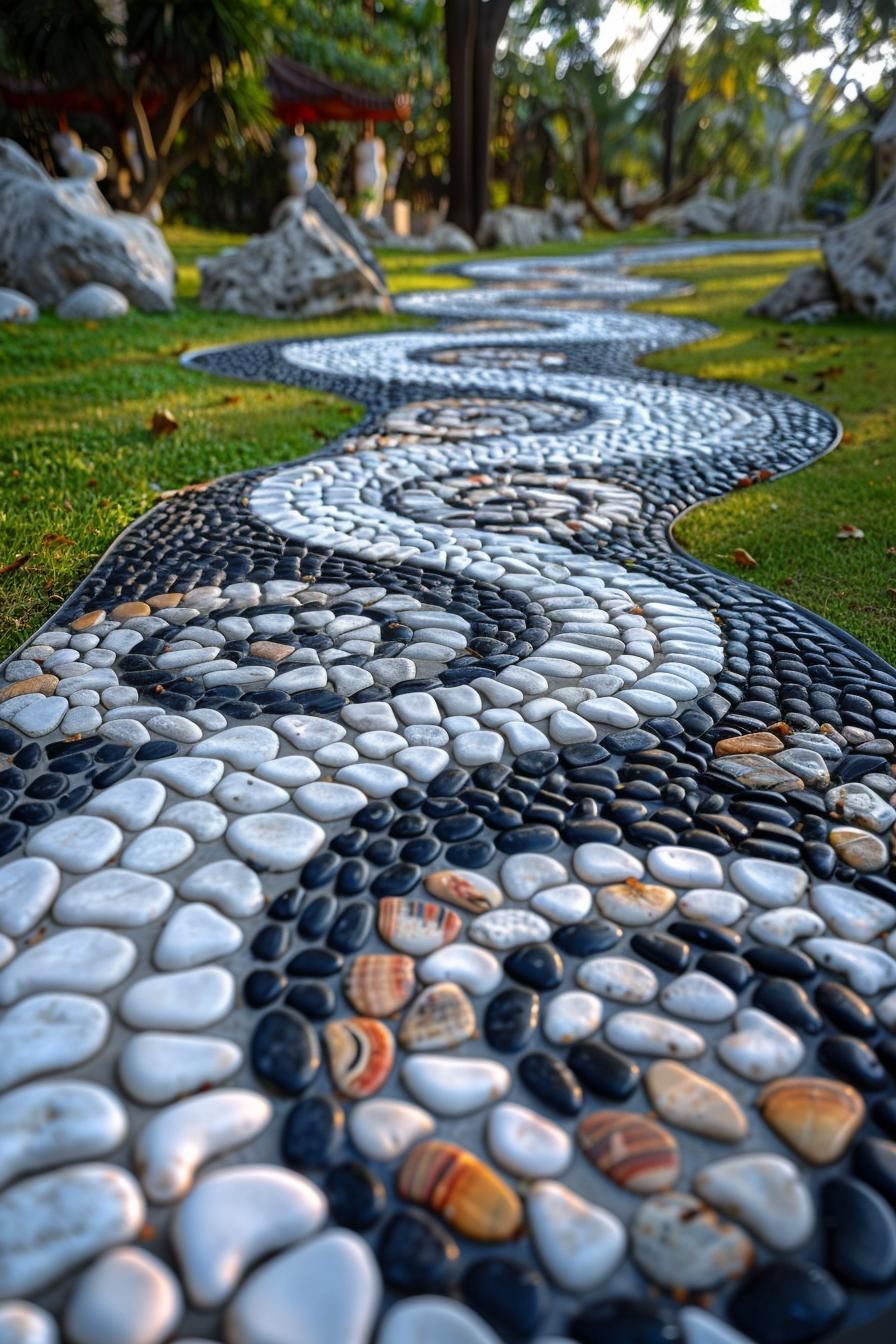 33 Creative DIY Yard Art Ideas You’ll Love To Craft 4 1. Pebble Path Mosaic Creation-2