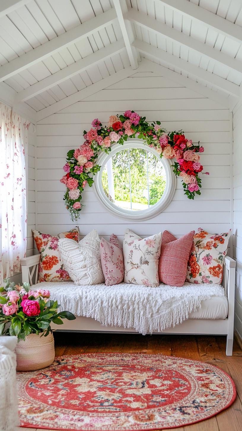 Create Your Own Oasis: 21 She Shed Interior Ideas for a Personal Backyard Retreat 40 11. Cottage-style shed with floral wallpaper and cozy daybed-2