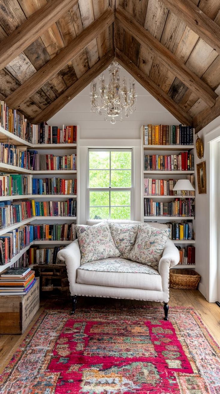 Create Your Own Oasis: 21 She Shed Interior Ideas for a Personal Backyard Retreat 56 17. Eclectic shed library with cathedral ceiling and vintage sofa-0