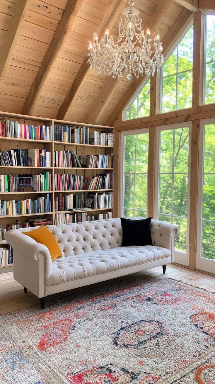 Create Your Own Oasis: 21 She Shed Interior Ideas for a Personal Backyard Retreat 58 17. Eclectic shed library with cathedral ceiling and vintage sofa-2