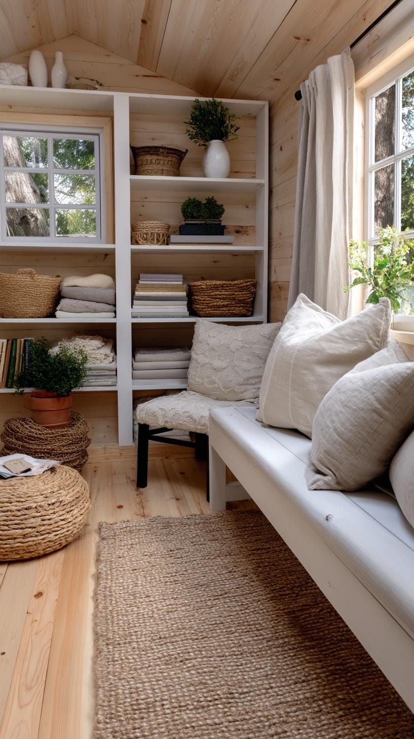 Create Your Own Oasis: 21 She Shed Interior Ideas for a Personal Backyard Retreat 29 8. Neutral-toned she shed with open shelving and jute rug-2