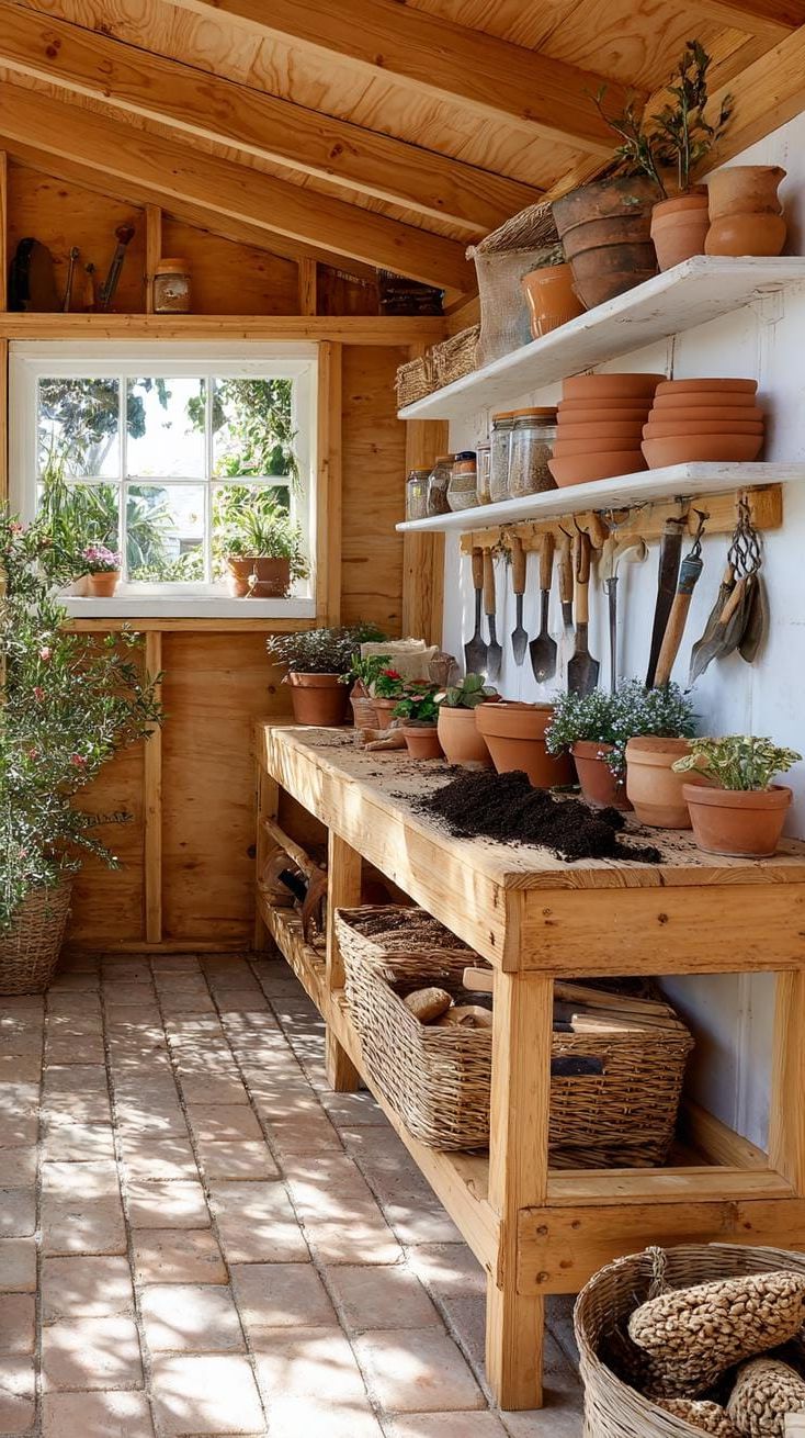 Create Your Own Oasis: 21 She Shed Interior Ideas for a Personal Backyard Retreat 59 18. Garden-themed shed with potting bench and hanging tools-0