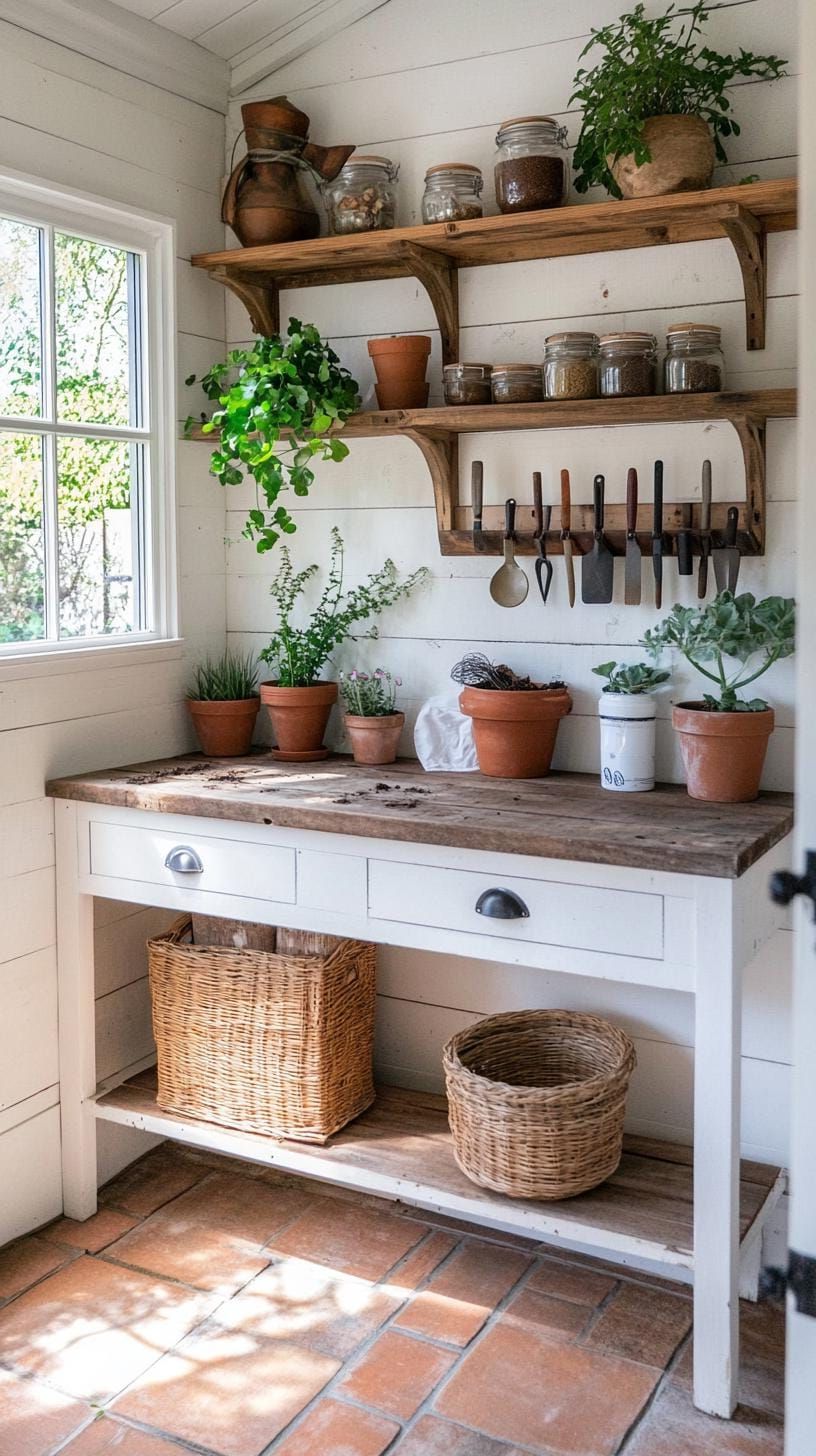 Create Your Own Oasis: 21 She Shed Interior Ideas for a Personal Backyard Retreat 60 18. Garden-themed shed with potting bench and hanging tools-1