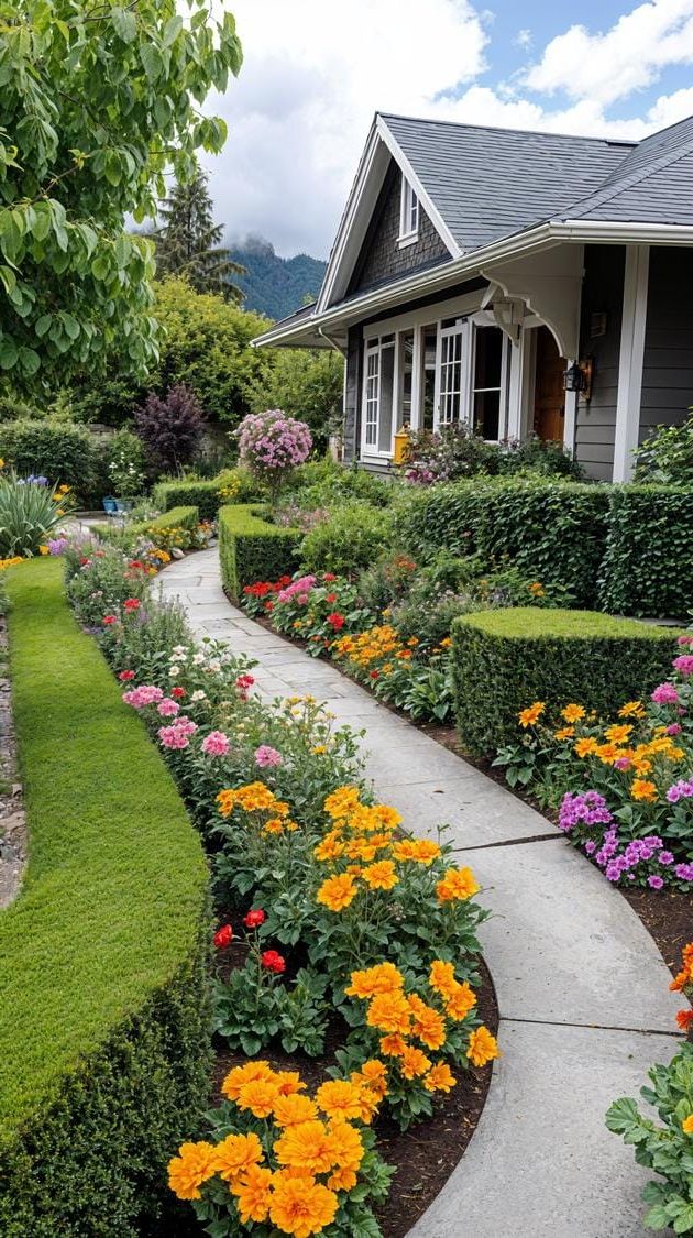 24. Neatly trimmed farmhouse hedges with low box planters-1