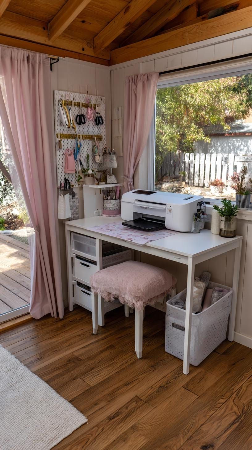 25 Craft Room Inspiring Ideas for Organization & Decor! 15 5. Pastel-colored craft nook with Cricut and tool rack-0