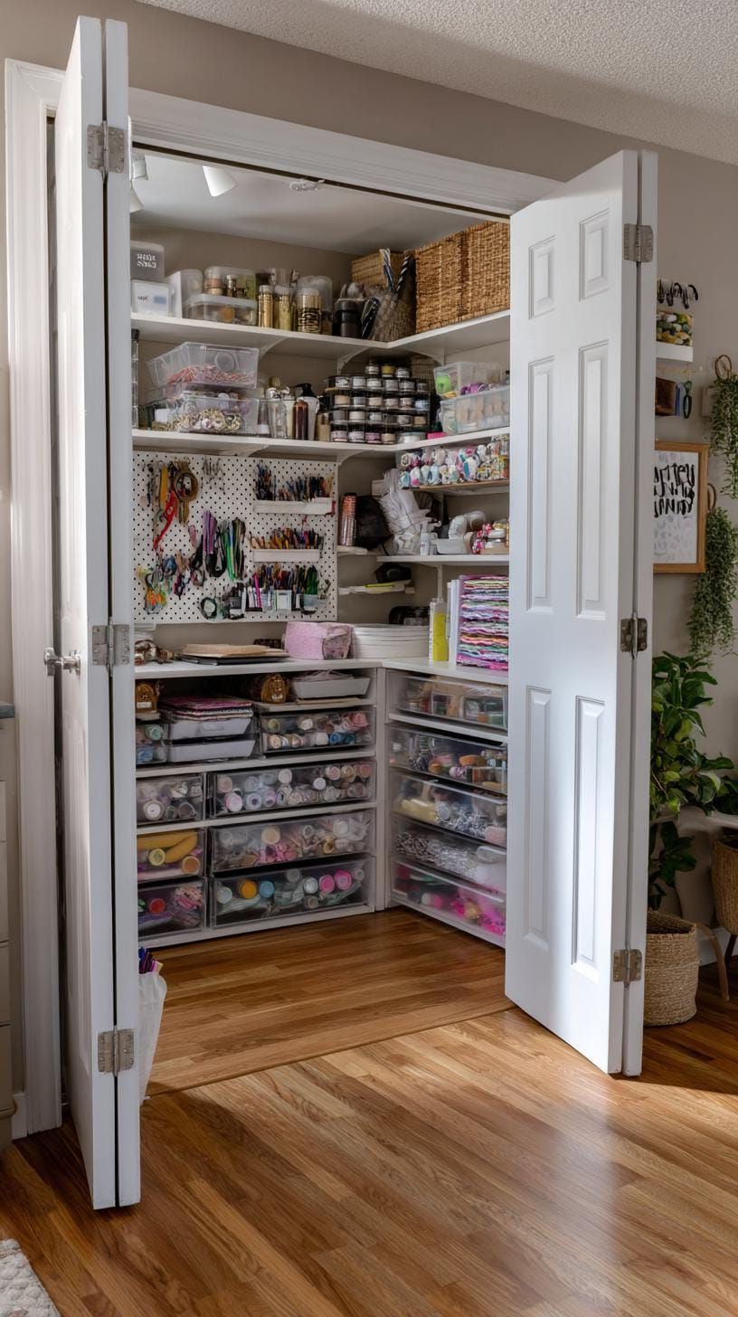 25 Craft Room Inspiring Ideas for Organization & Decor! 38 13. Compact craft closet with sliding doors and storage-0