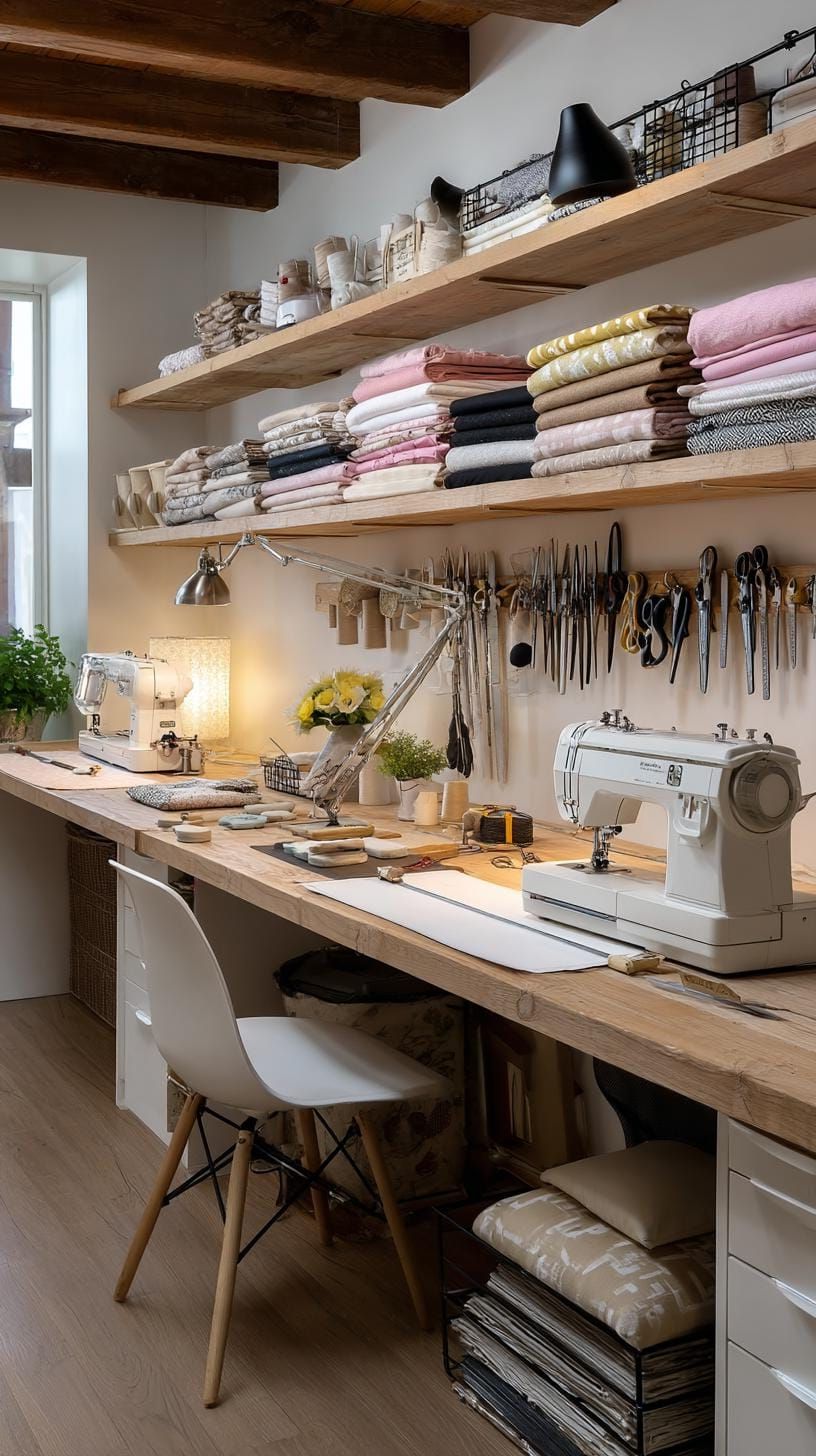 25 Craft Room Inspiring Ideas for Organization & Decor! 25 8. Sewing and craft combo with wall-mounted peg rail-0