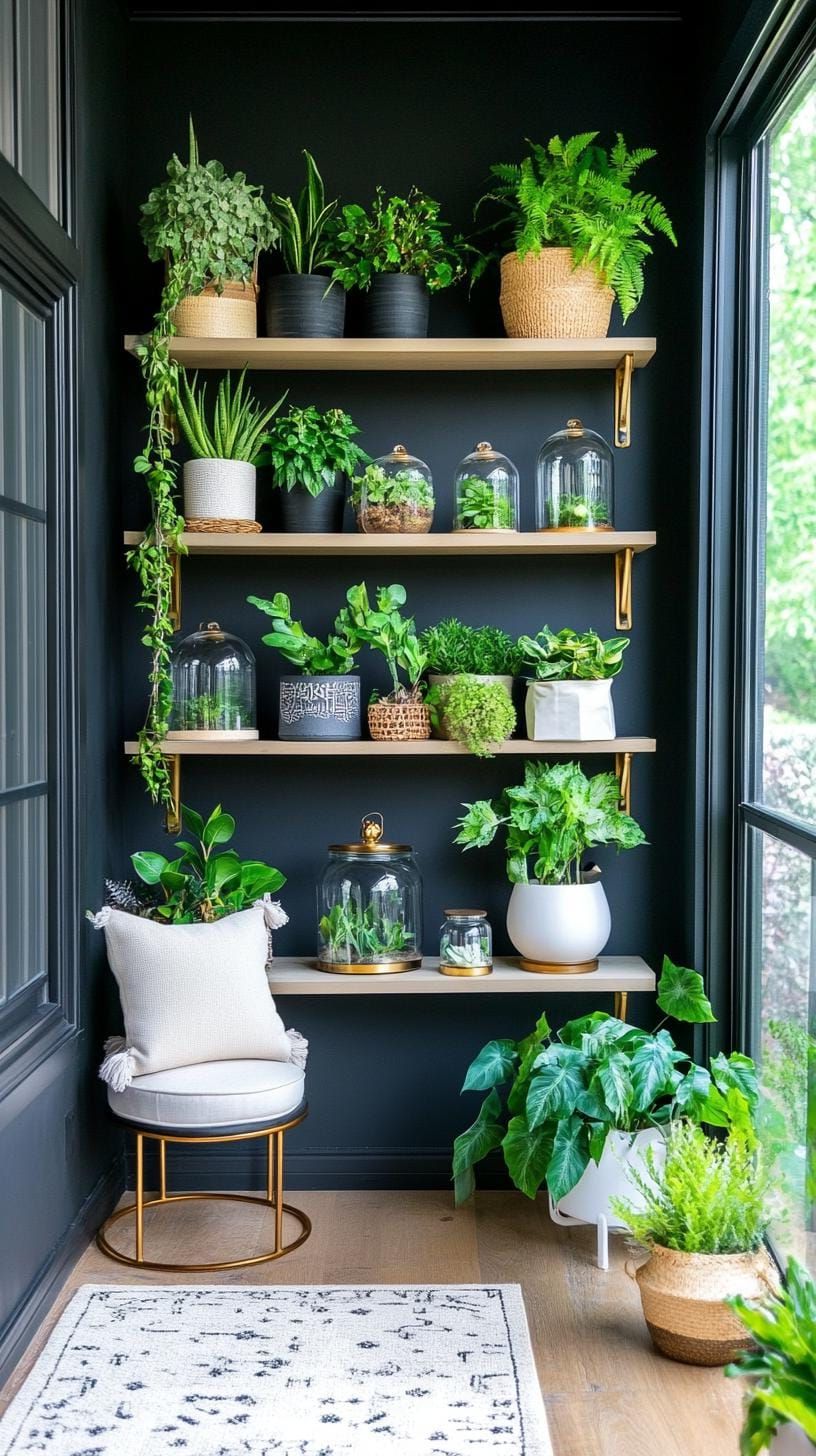 21 She Shed Interior Ideas for a Personal Backyard Retreat 26 7. Botanical shed interior with black walls and plant shelves-3