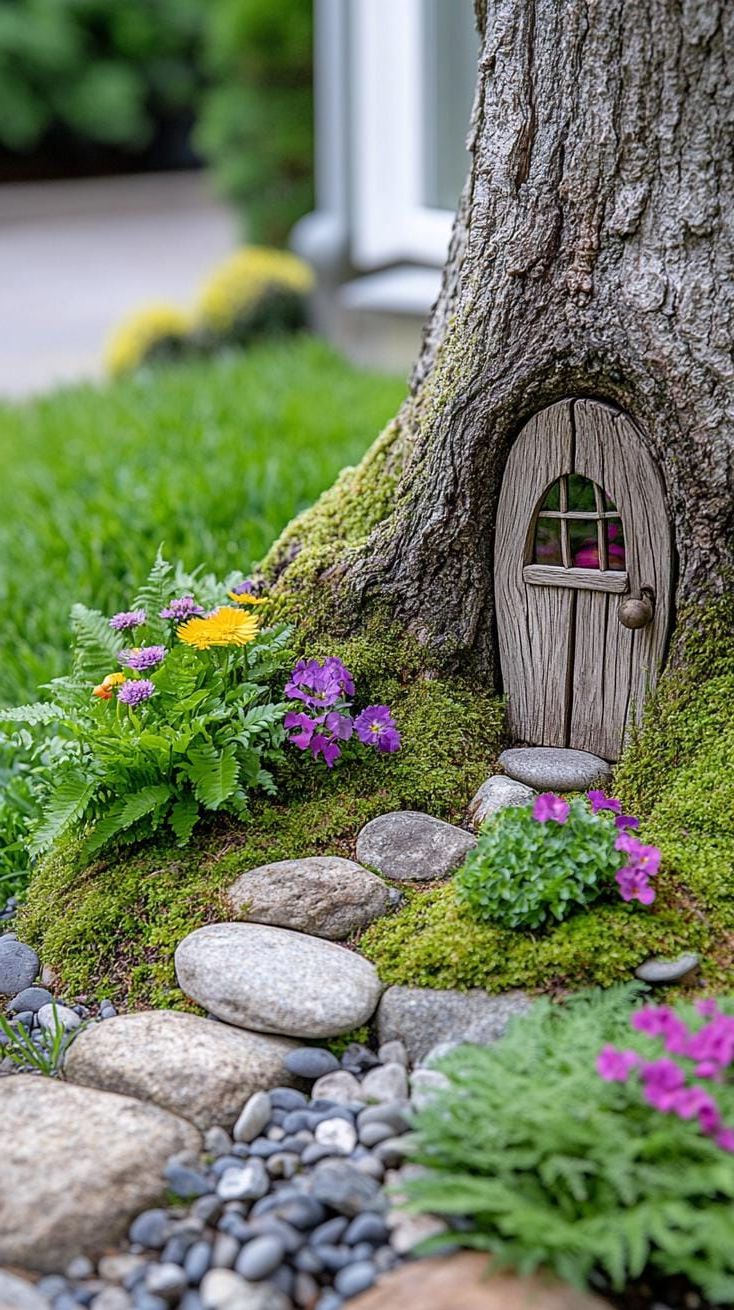 37 Magical Garden Ideas for a Whimsical Backyard 2 1. Tree trunk fairy door with pebble walkway-0