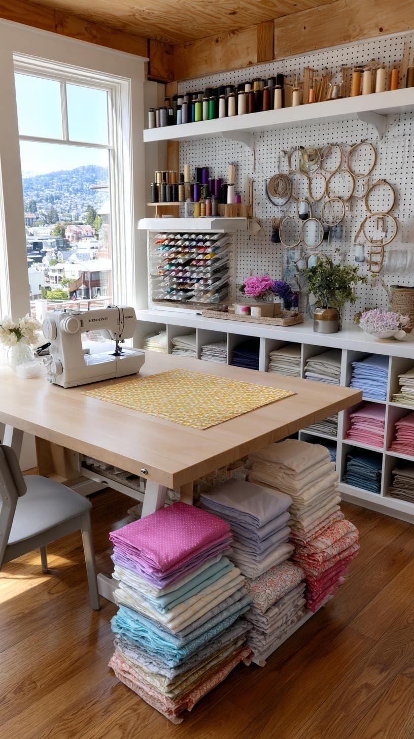 25 Craft Room Inspiring Ideas for Organization & Decor! 57 21. Bright sewing room with pegboard and embroidery hoops-2