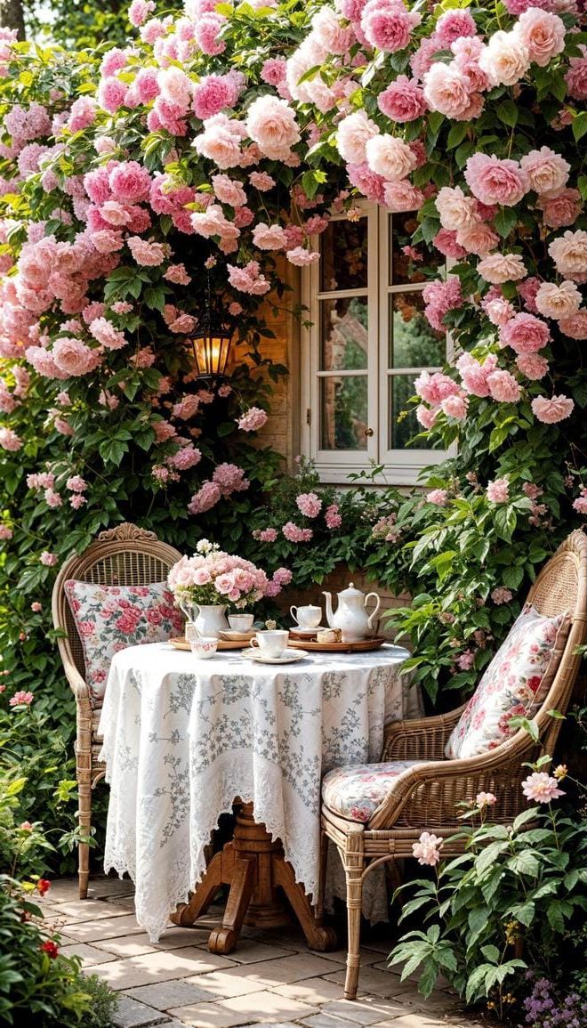 37 Magical Garden Ideas for a Whimsical Backyard 63 24. Magical garden tea nook with lace-2