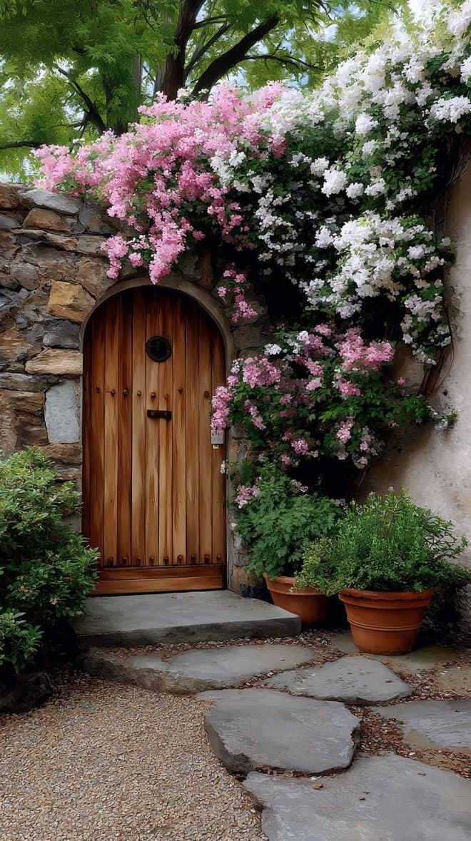 8. Cottage-style arched door hidden by blossoms-2