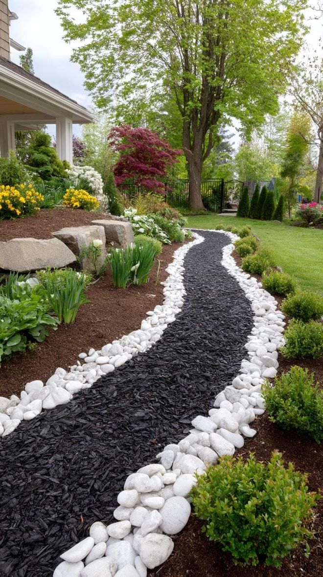 19. Black mulch path with white stone swirl border-1