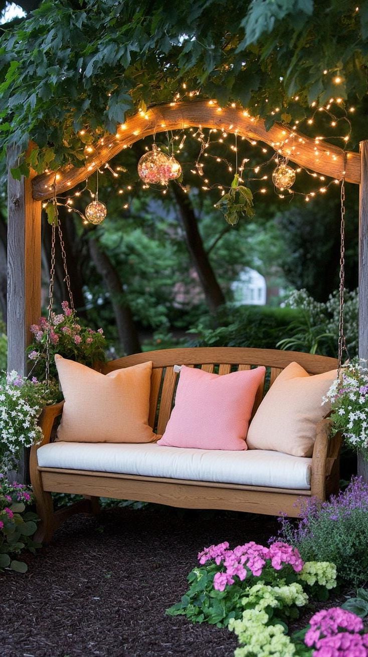 37 Magical Garden Ideas for a Whimsical Backyard 72 28. Fairy light canopy over garden bench-0