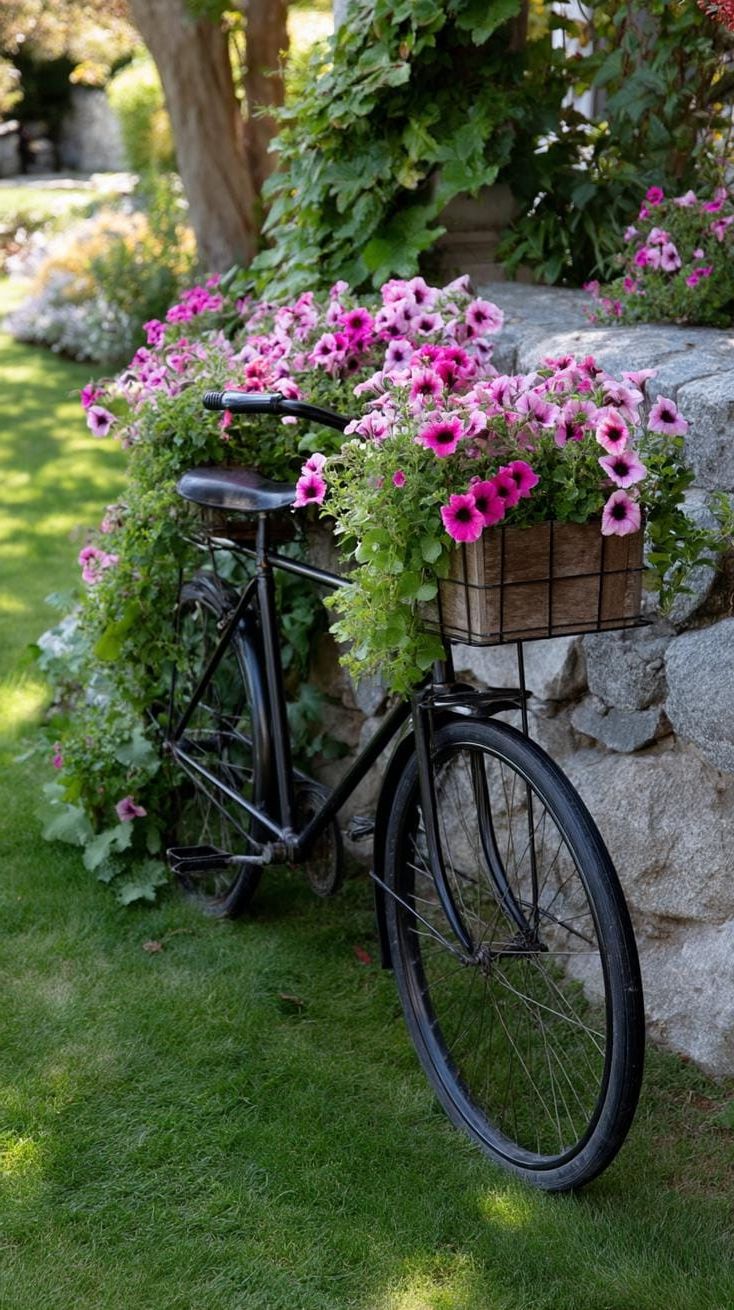 29 Charming Vintage Garden Decor Ideas: Embrace Rustic Beauty Outdoors 2 1. Antique bicycle planter with cascading flower baskets-0