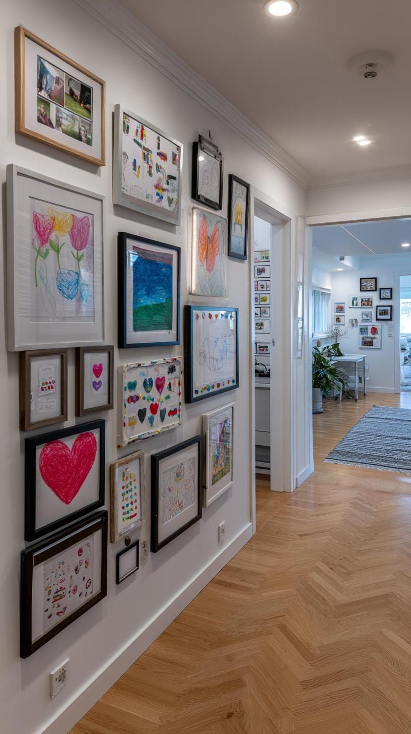 37 Gallery Wall Decor Ideas to Transform Any Room 88 29. Kids art creative wall showcasing children’s drawings in a playful formation-2