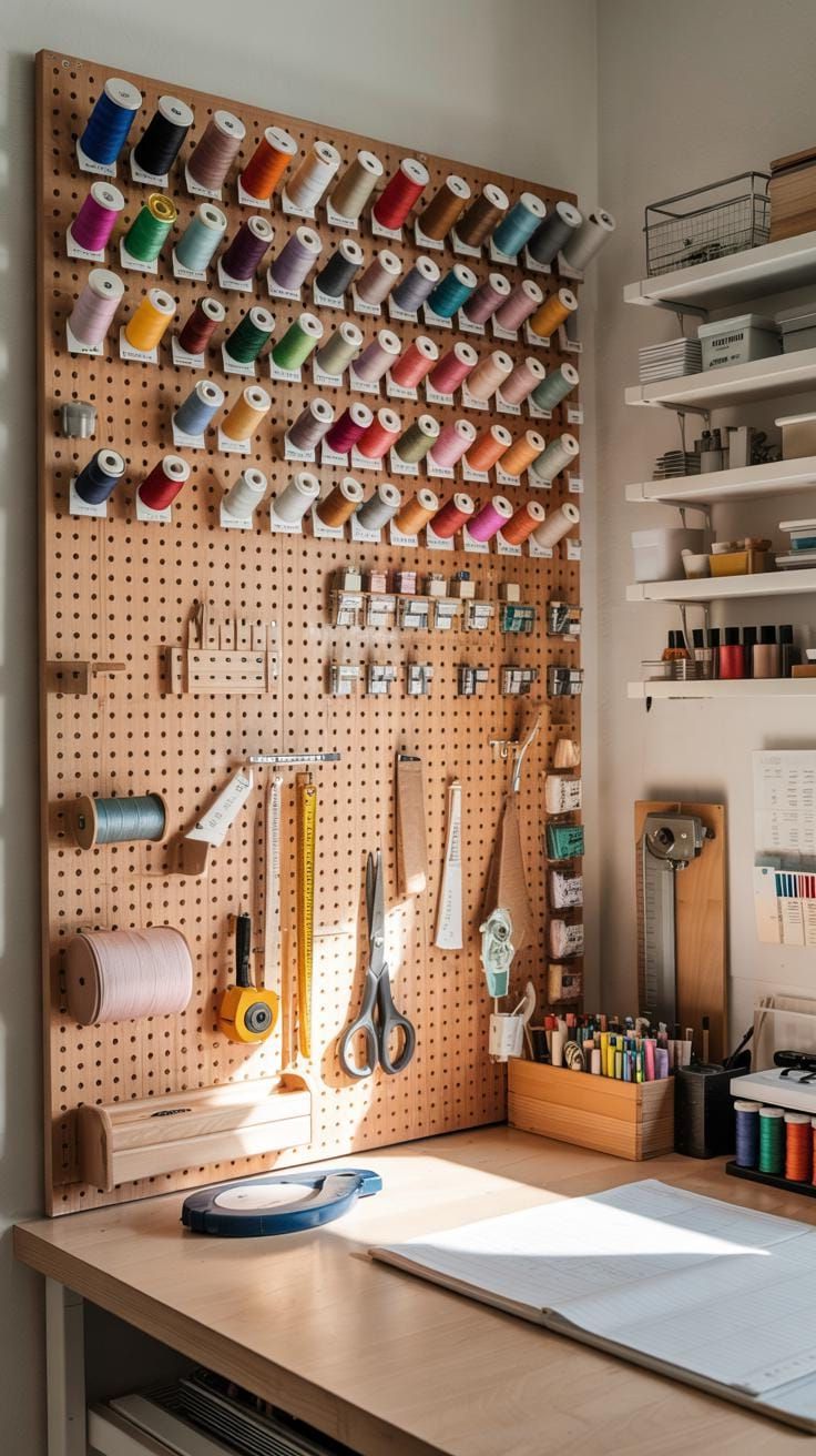 25 Craft Room Inspiring Ideas for Organization & Decor! 2 1. White pegboard wall with colorful thread spools-0