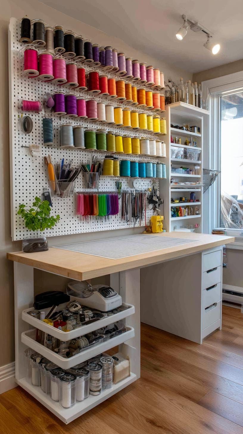 25 Craft Room Inspiring Ideas for Organization & Decor! 3 1. White pegboard wall with colorful thread spools-1
