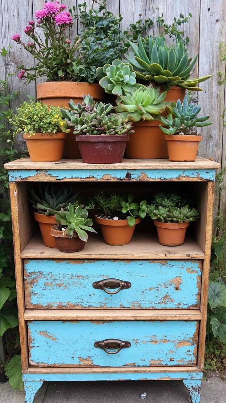 29 Charming Vintage Garden Decor Ideas: Embrace Rustic Beauty Outdoors 54 25. Upcycled drawer unit filled with potted plants-2