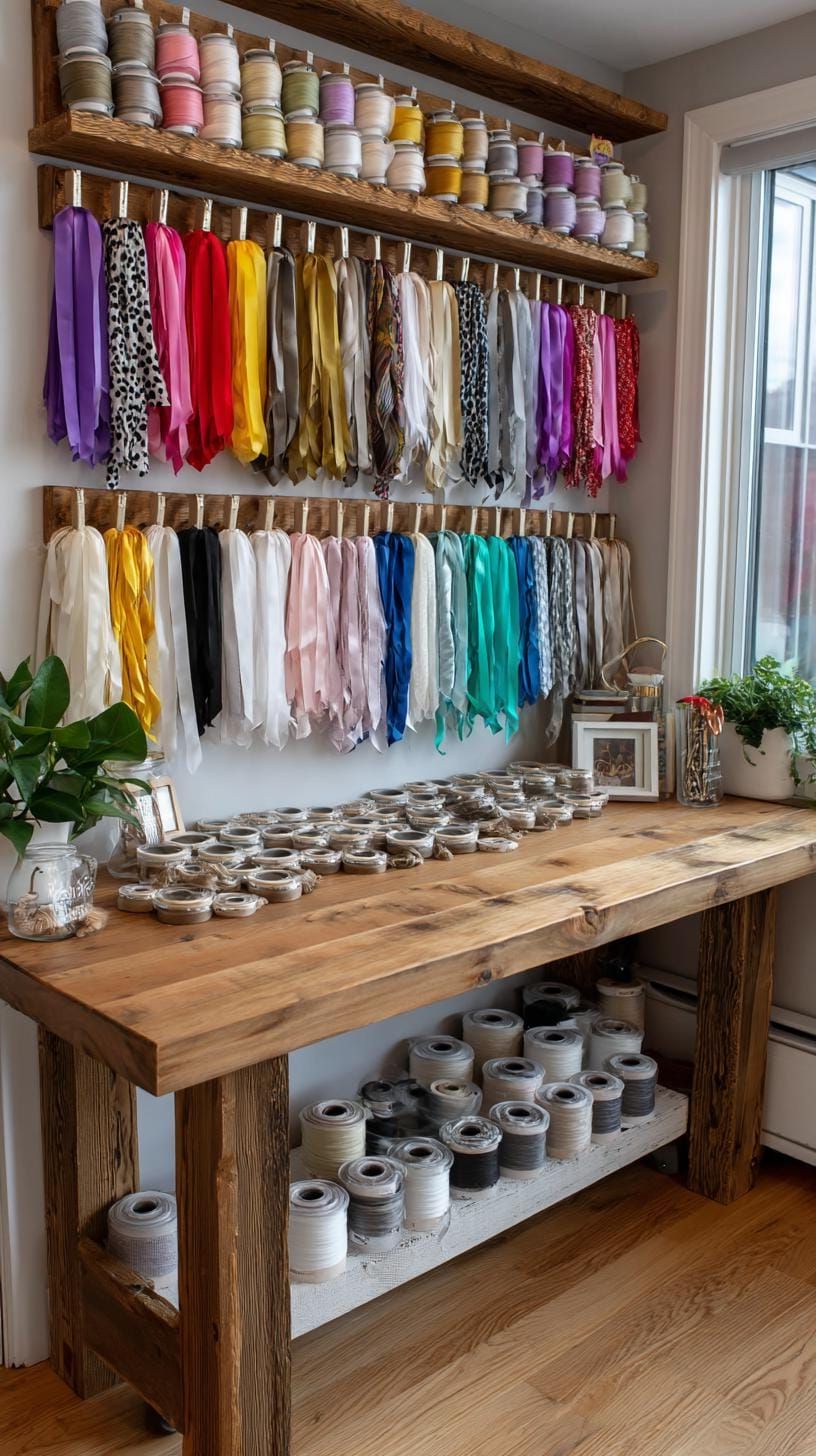 25 Craft Room Inspiring Ideas for Organization & Decor! 51 19. Wall-mounted ribbon station with hanging rods-0
