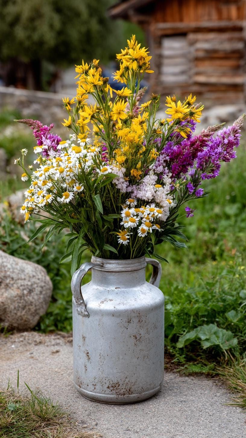 29 Charming Vintage Garden Decor Ideas: Embrace Rustic Beauty Outdoors 55 26. Antique milk can with tall wildflowers-0