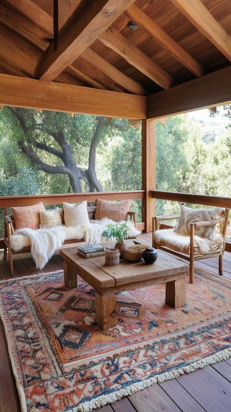3. Rustic wood-paneled enclosed porch with forest view-1