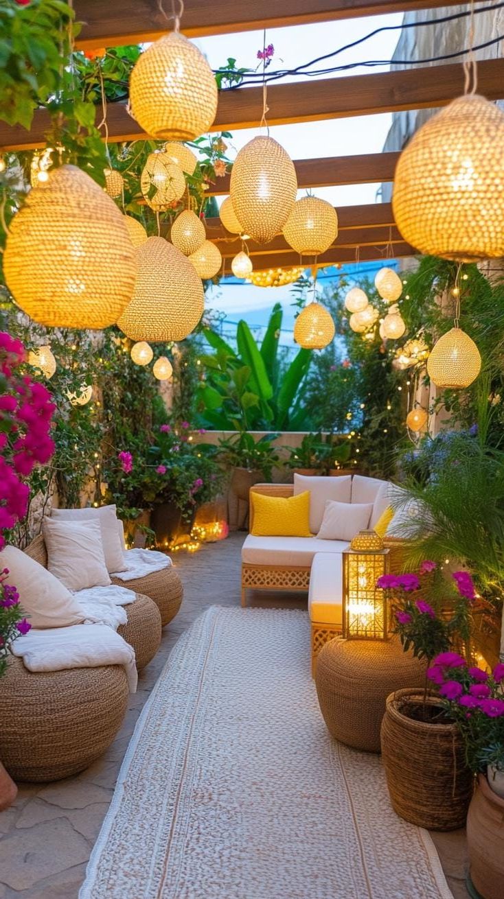 4. Pergola patio with fairy lights and hanging plants-2