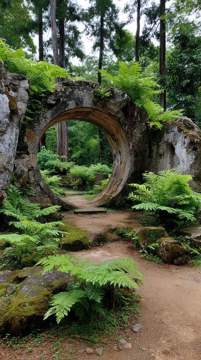 14. Giant circular stone arch among jungle ferns-2