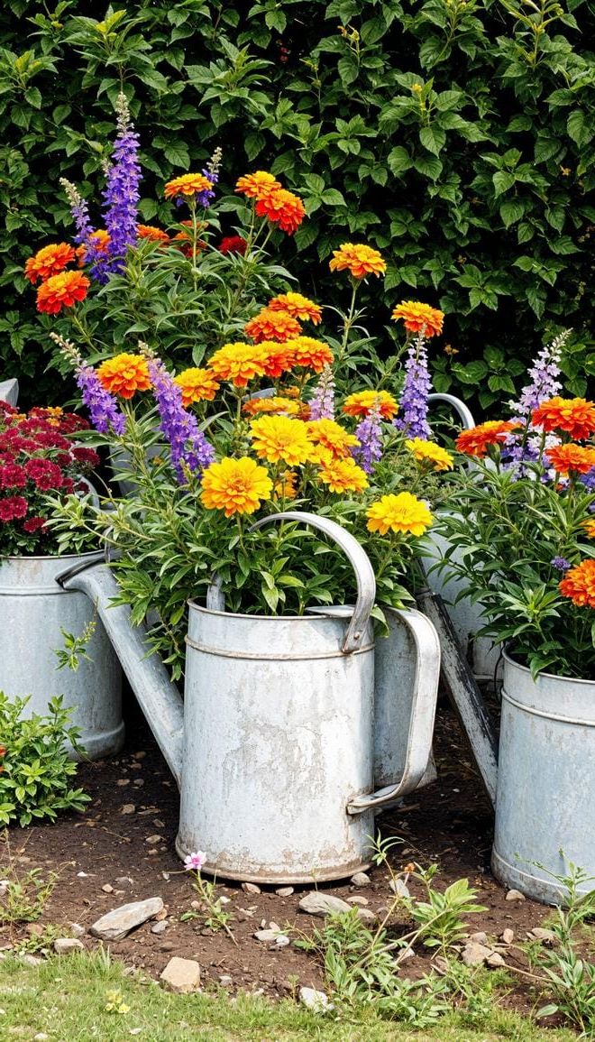 29 Charming Vintage Garden Decor Ideas: Embrace Rustic Beauty Outdoors 5 2. Vintage metal watering cans used as planters-1