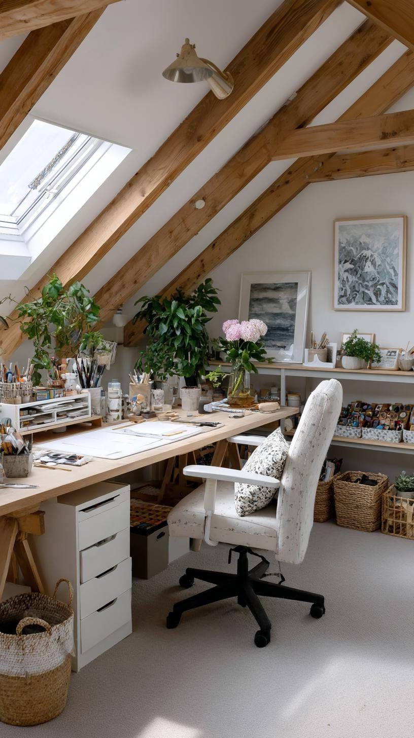 25 Craft Room Inspiring Ideas for Organization & Decor! 23 7. Attic craft space with skylight and wraparound desk-1