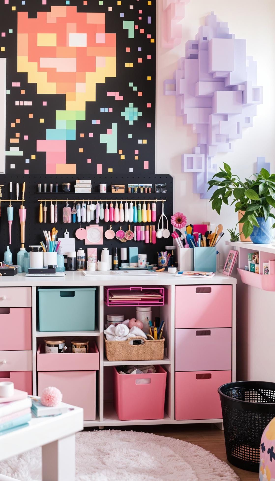 25 Craft Room Inspiring Ideas for Organization & Decor! 61 23. Craft room decorated with pastel pixelated artwork-1