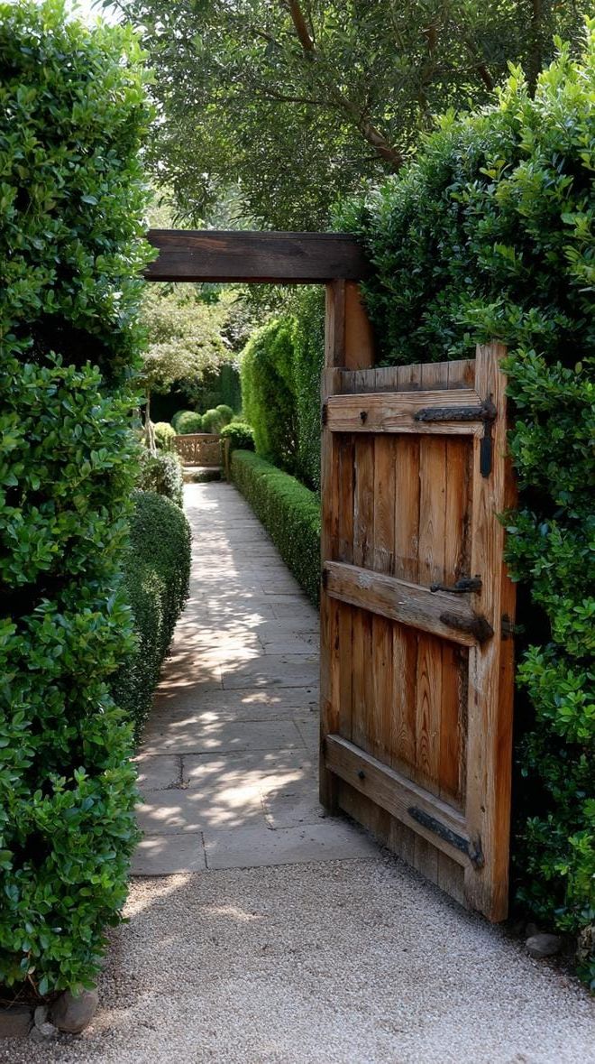 12. Weathered wooden gate surrounded by boxwoods-0