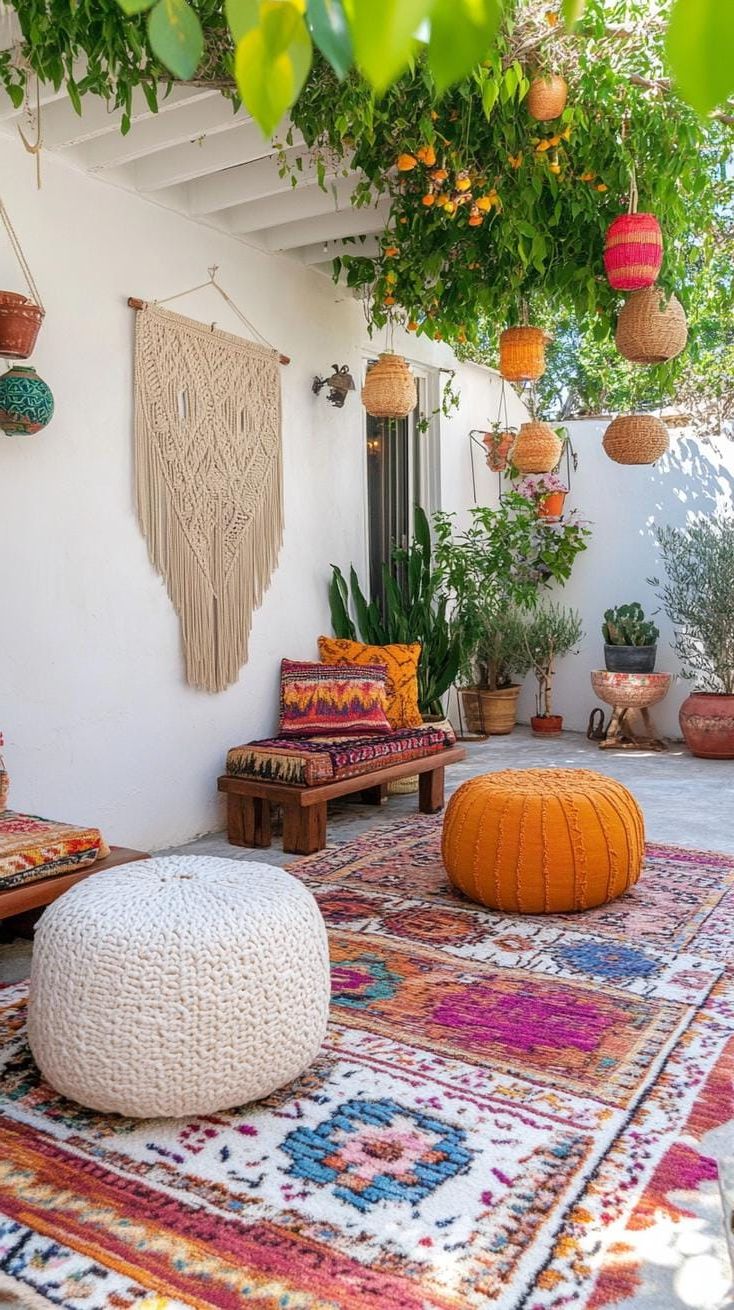 26. Boho patio with layered Moroccan rugs and plants-2
