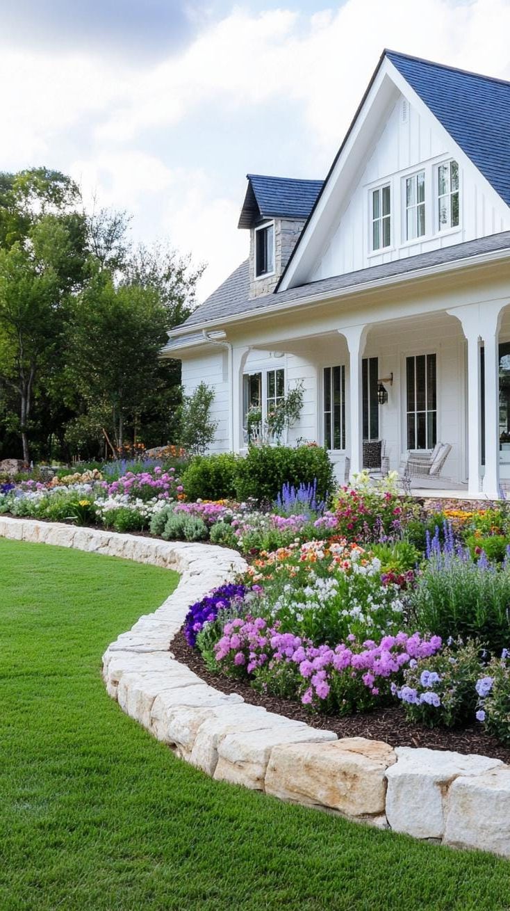 4. Stone-bordered garden around farmhouse white exterior-0
