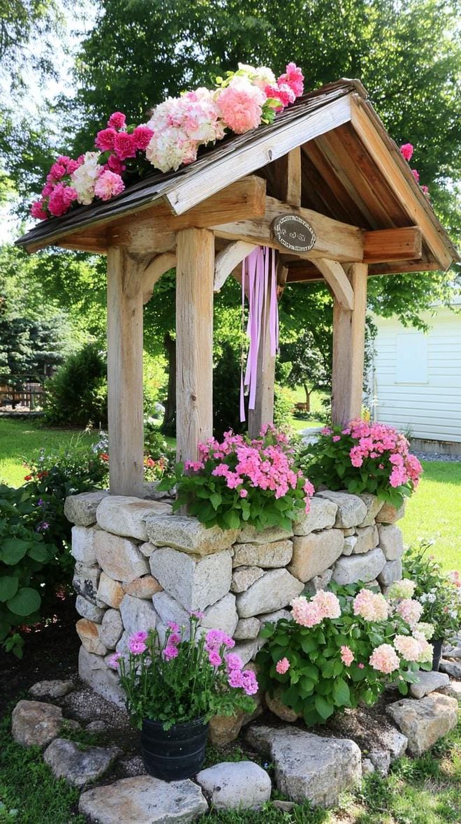 37 Magical Garden Ideas for a Whimsical Backyard 59 23. Wishing well adorned with pastel blooms-1