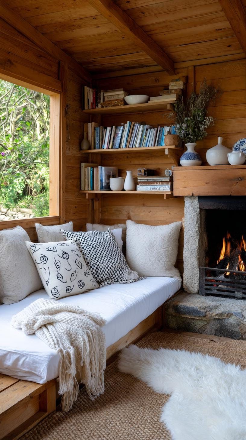 21 She Shed Interior Ideas for a Personal Backyard Retreat 71 21. Wood-accented shed with open shelves and small fireplace-3