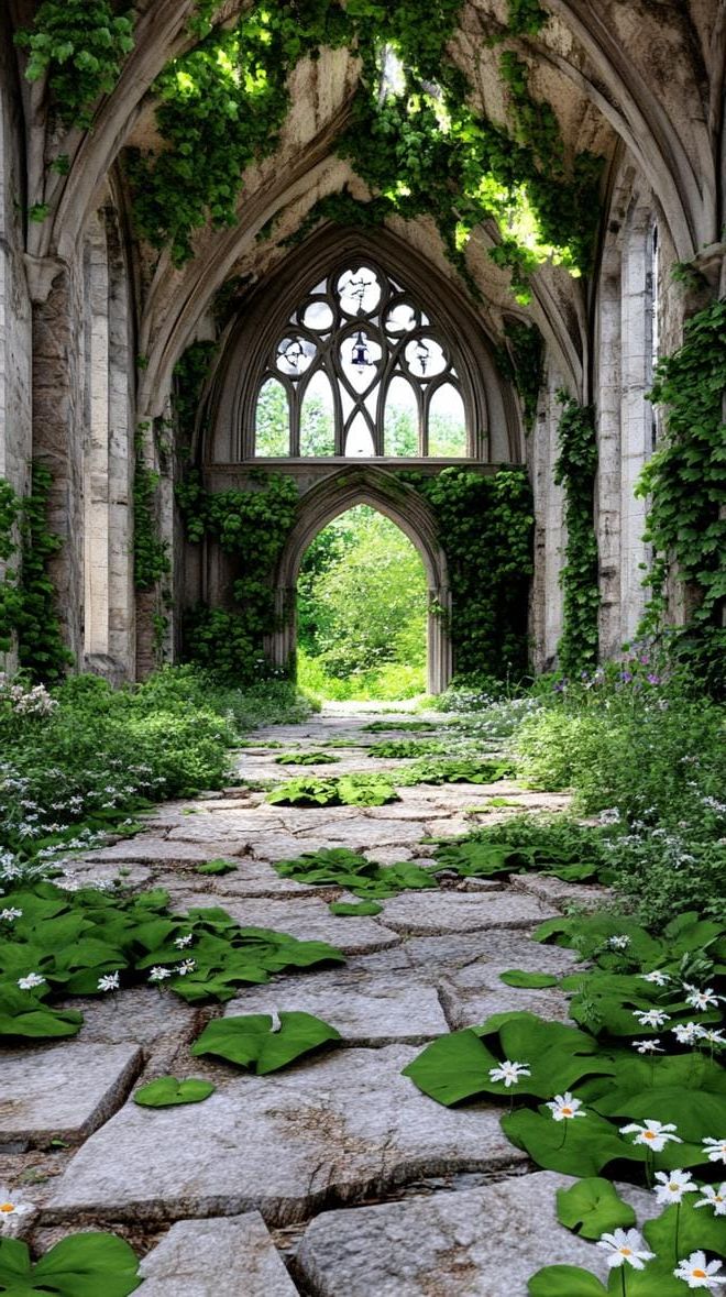9. Overgrown ruins with gothic arch entrance-1