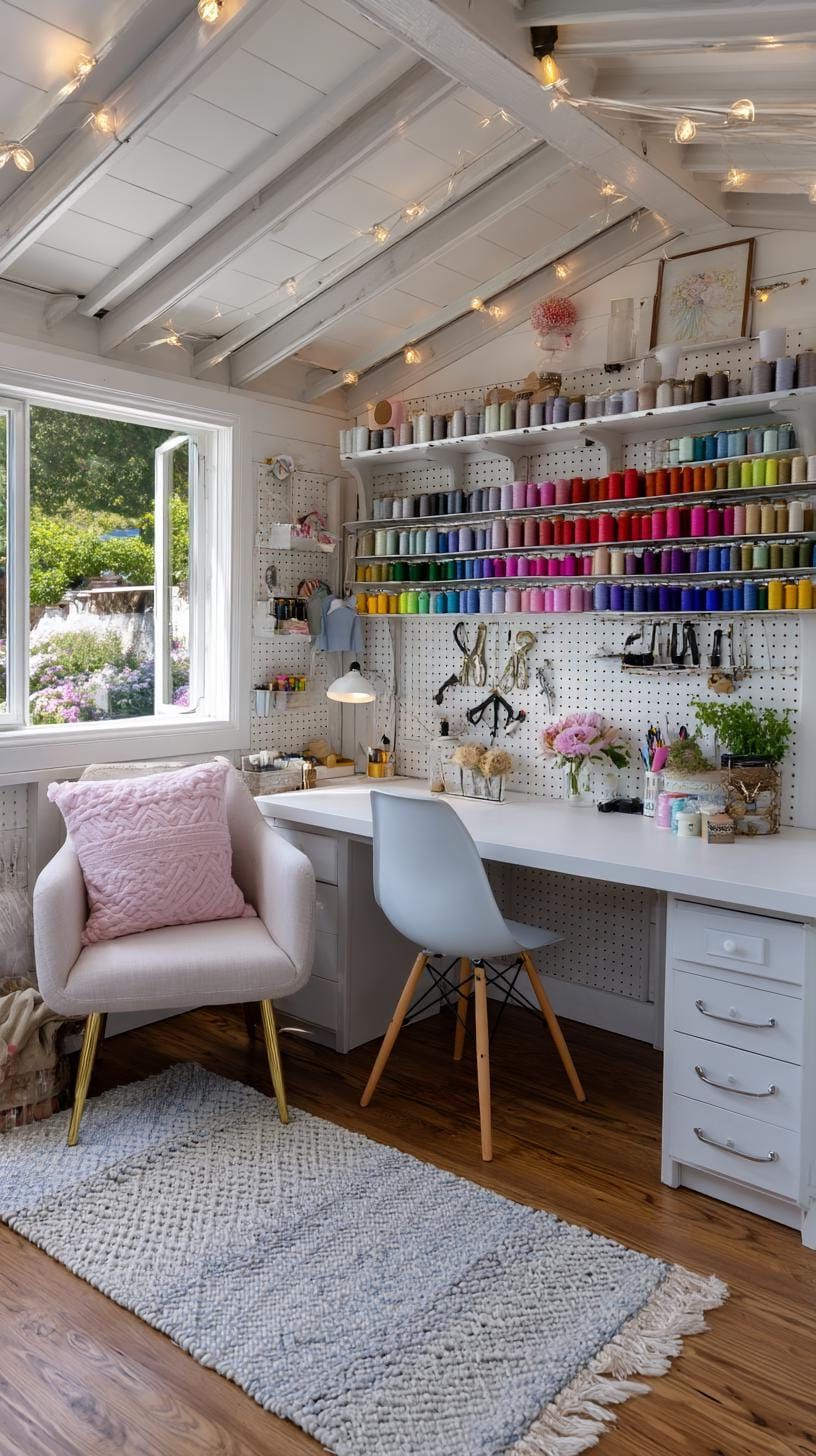 25 Craft Room Inspiring Ideas for Organization & Decor! 4 1. White pegboard wall with colorful thread spools-2