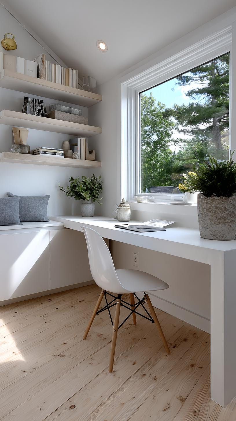 21 She Shed Interior Ideas for a Personal Backyard Retreat 20 6. Minimalist white shed office with built-in corner desk-0
