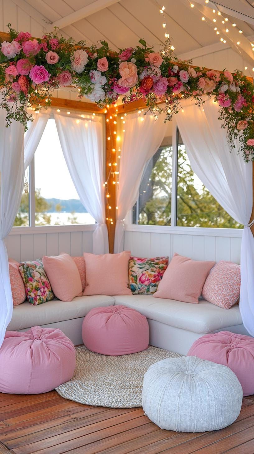 21 She Shed Interior Ideas for a Personal Backyard Retreat 67 20. She shed retreat with floral drapery and fairy lights-2
