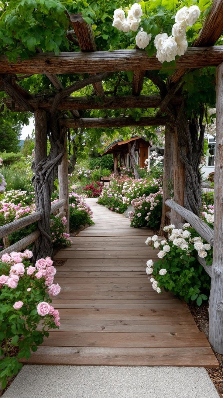 24. Flower-lined garden walkway under rustic pergola-0