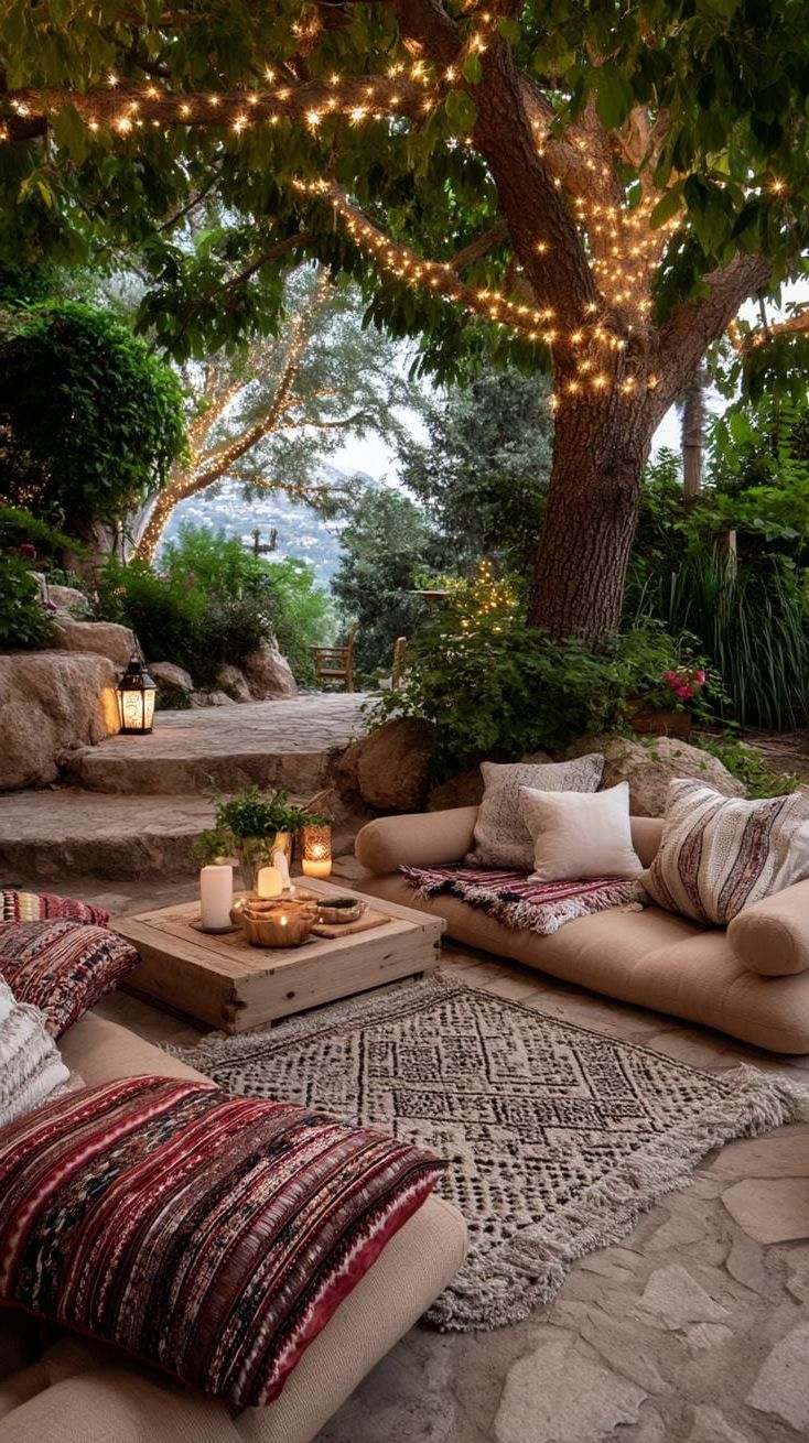 37 Magical Garden Ideas for a Whimsical Backyard 19 7. Twinkling lights above boho garden seating-1