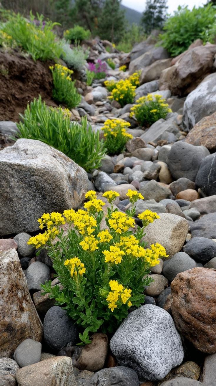 24. Rocky terrain dotted with yellow perennial blooms-0
