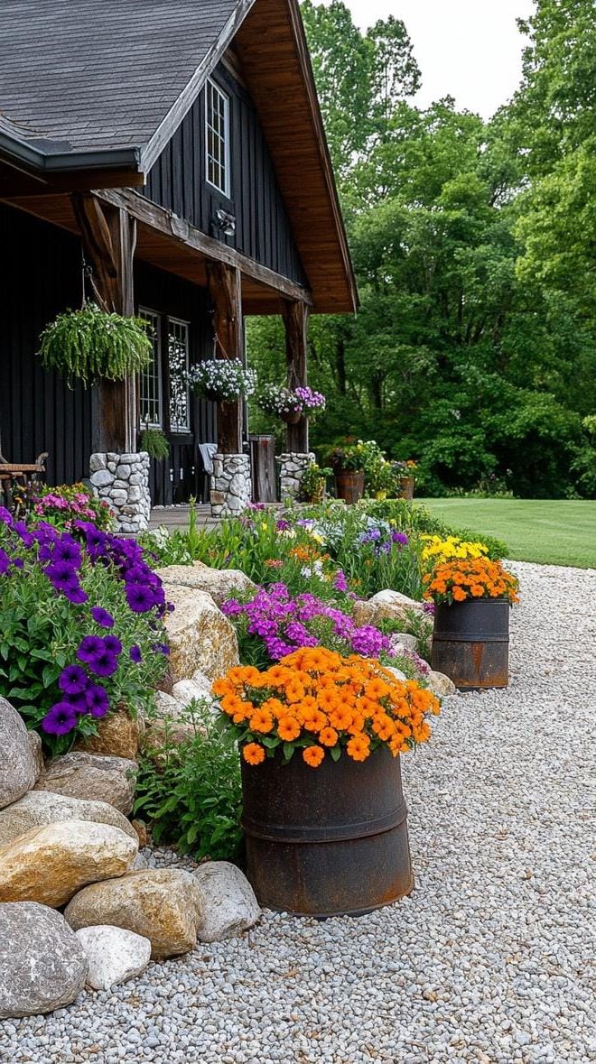 21. Gravel garden with rustic watering trough planters-2