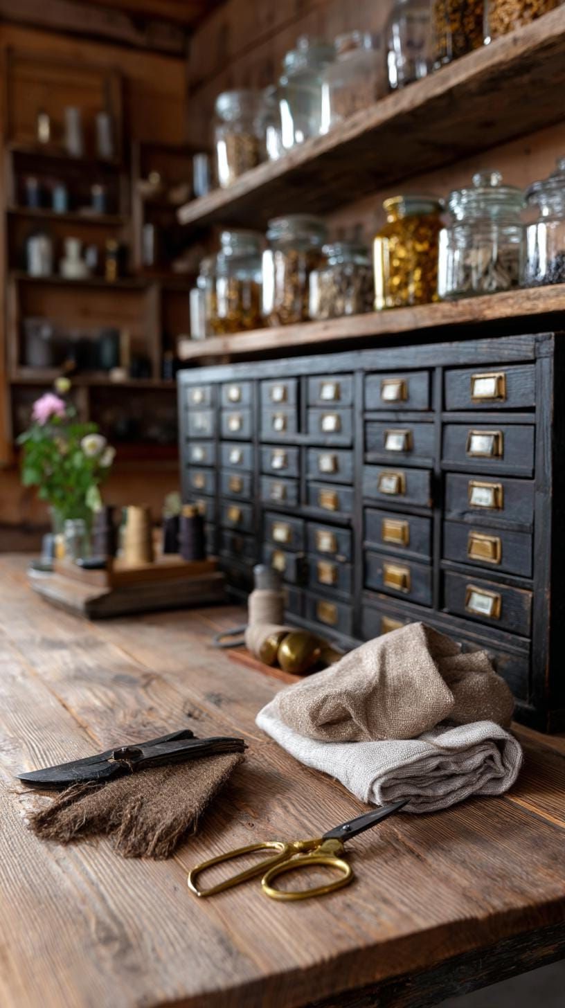 25 Craft Room Inspiring Ideas for Organization & Decor! 34 11. Moody vintage craft room with apothecary drawers-1