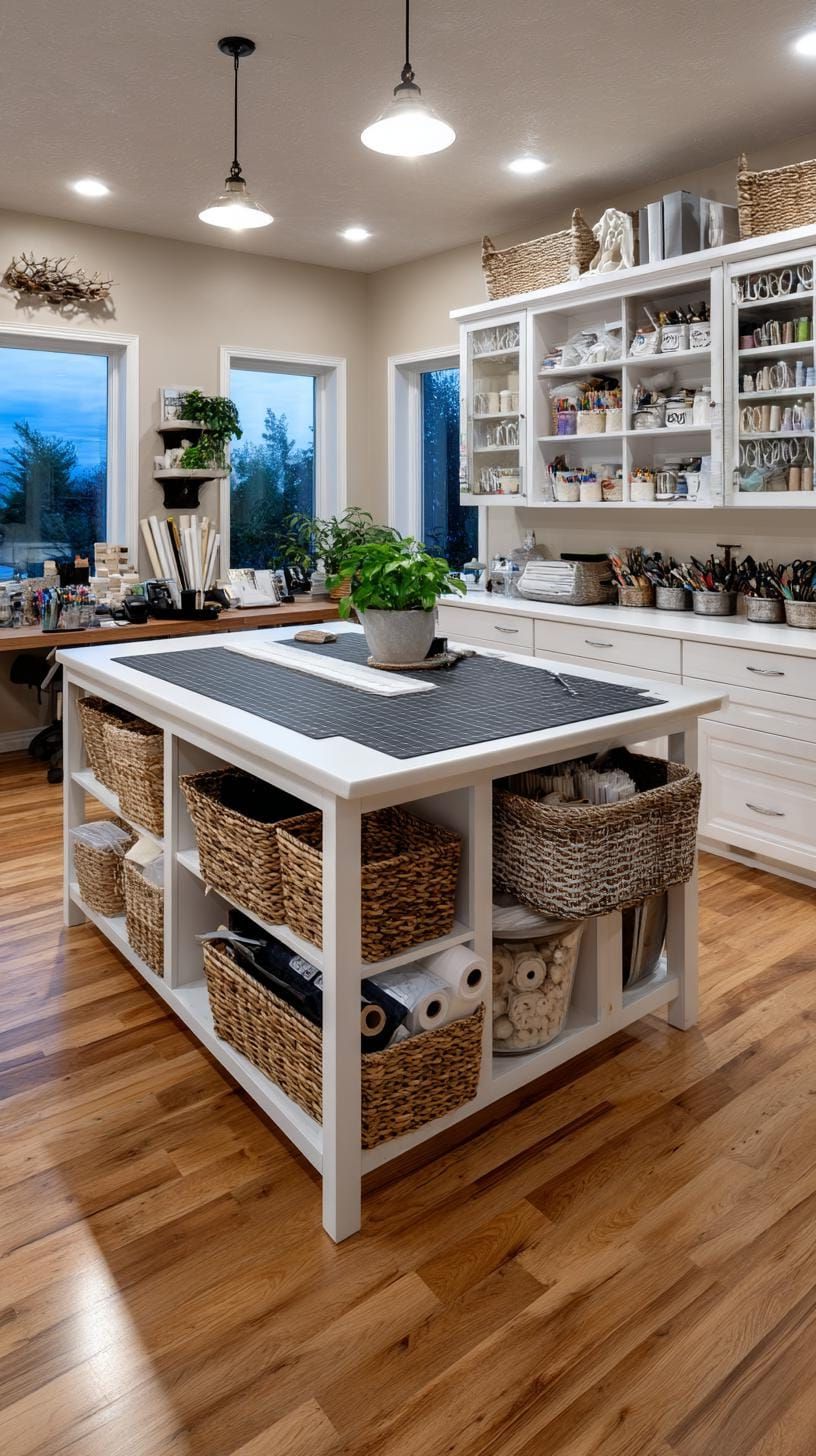 25 Craft Room Inspiring Ideas for Organization & Decor! 9 3. Craft room with central island and storage cubbies-1