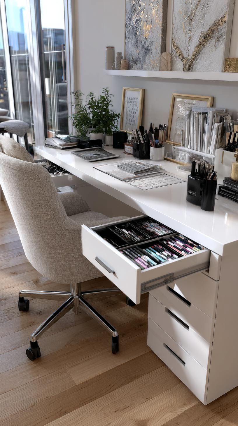 25 Craft Room Inspiring Ideas for Organization & Decor! 59 22. Modern white craft desk with inset supply drawers-1